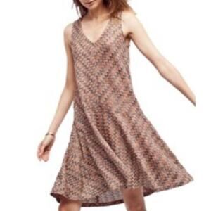 Anthropologie Maeve Westwater Knit Flounce Hem Dress Brown Motif A-Line Size XS
